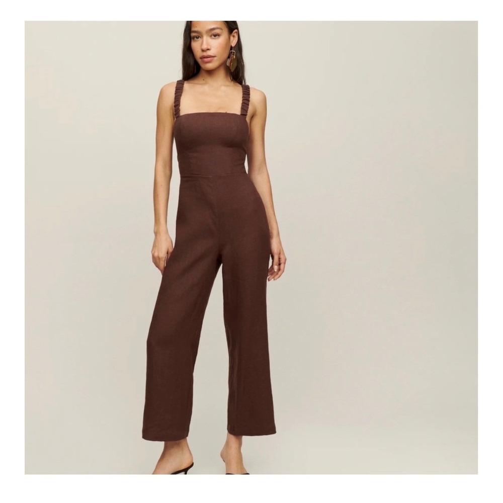 Reformation Brown Linen Square Neck Wide Leg Jumpsuit Size 4‎